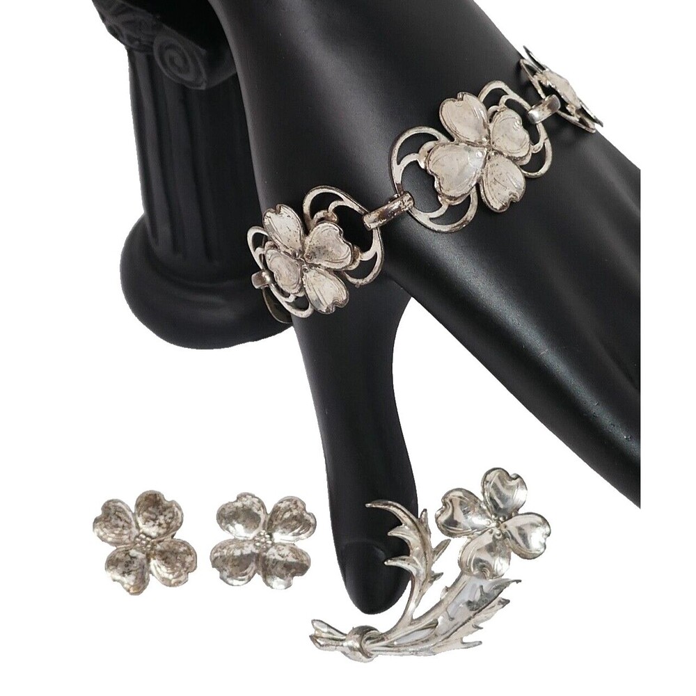 Lang 1940s Sterling Silver Dogwood Flower Bracelet Earrings Brooch Pin Set